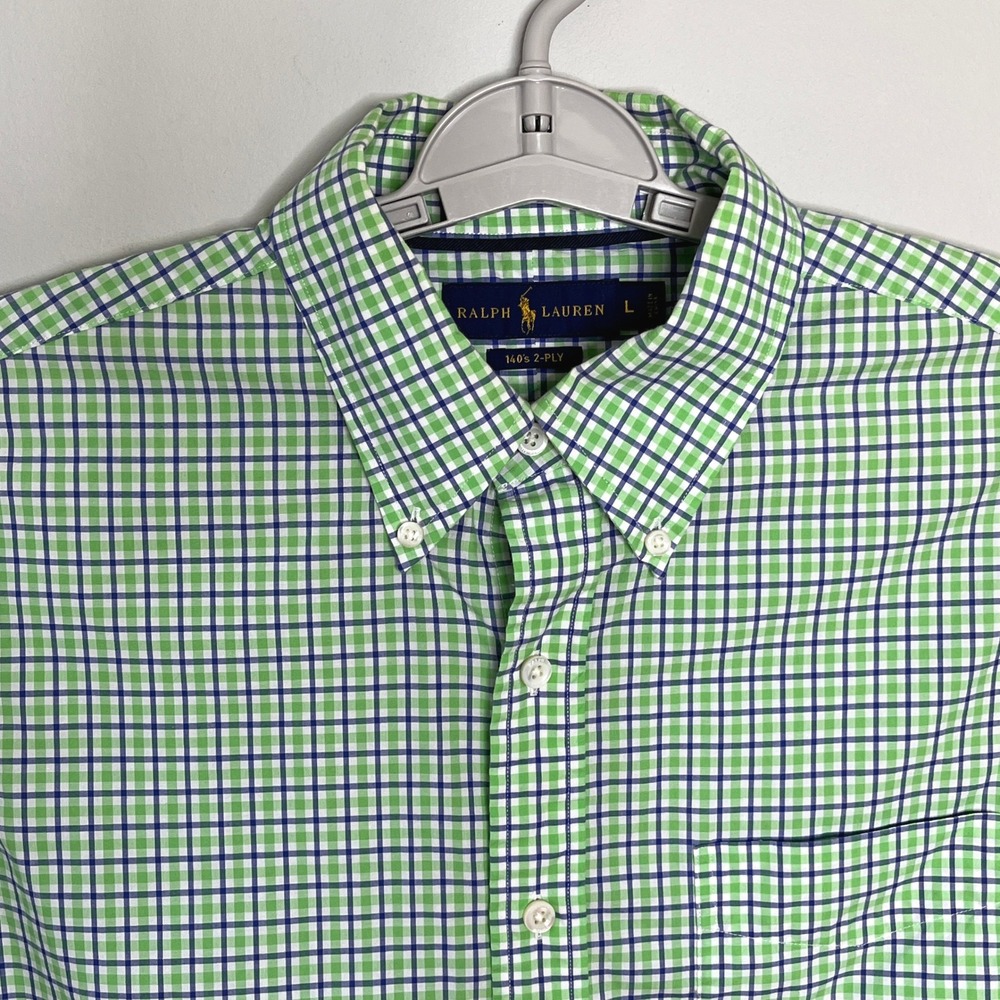 Ralph Lauren Mens L Plaid Button Down Shirt Long Sleeve 140s 2-Ply Cotton Preppy
